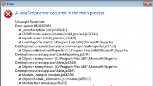 a javascript error occurred in the main process