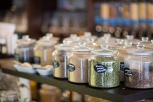 Herbs and spices on sale at Unboxed Market - Toronto's First zero waste grocery store