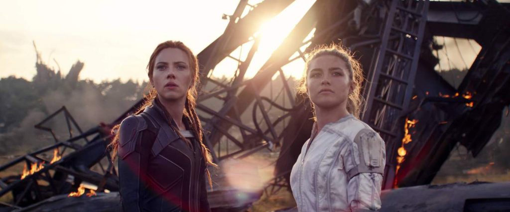 (L-R): Black Widow/Natasha Romanoff (Scarlett Johansson) and Yelena (Florence Pugh) in Marvel Studios' BLACK WIDOW, in theaters and on Disney+ with Premier Access.