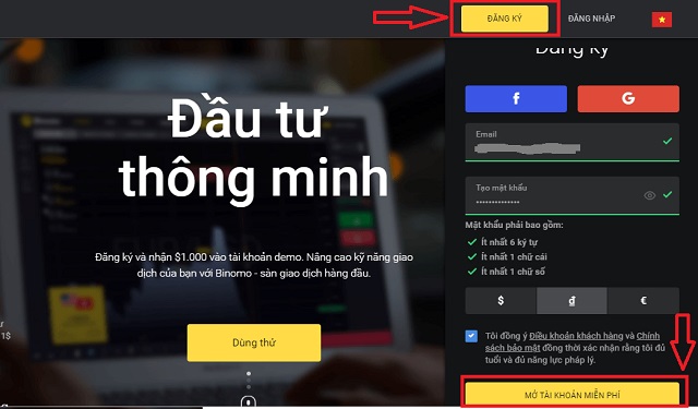 Bắt đầu đăng ký tài khoản trên sàn Binomo