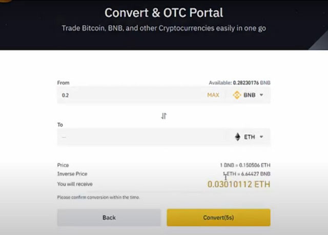 Binance sẽ tiến hành convert nhanh chóng