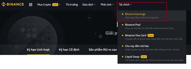 Chọn mục Binance Earnings trong phần Tài chính