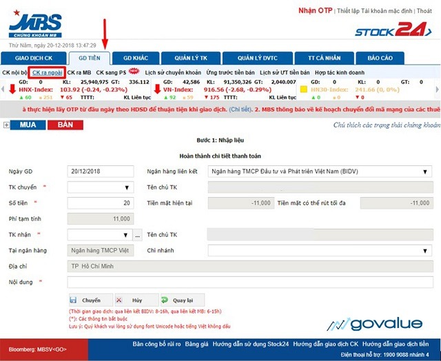 Chuyển tiền từ tài khoản chứng khoán sang tài khoản ngân hàng qua MBS