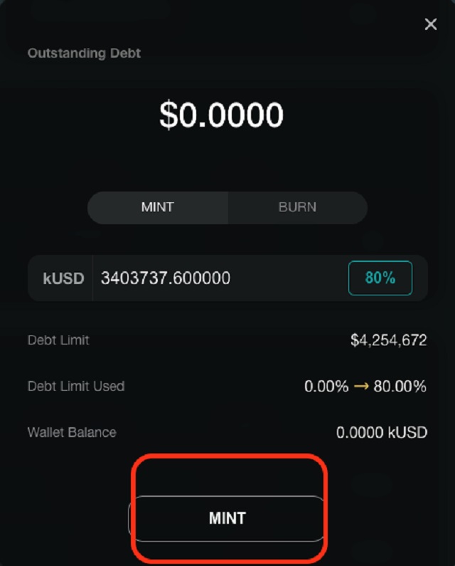 Click vào Mint tại bảng Your Stake để khởi động mint kUSD