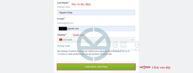 Nhập các thông tin vào Forex4you