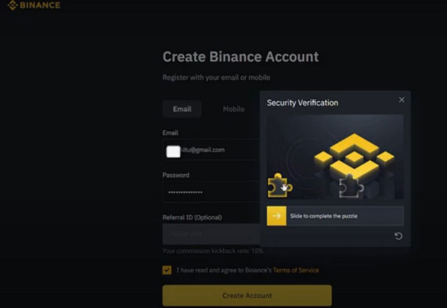 Đăng ký tài khoản Binance bạn cần điền đầy đủ các thông tin và điền code Verification