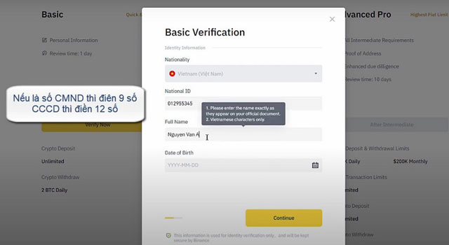 Điền các thông tin cá nhân để xác minh tài khoản Basic Verification