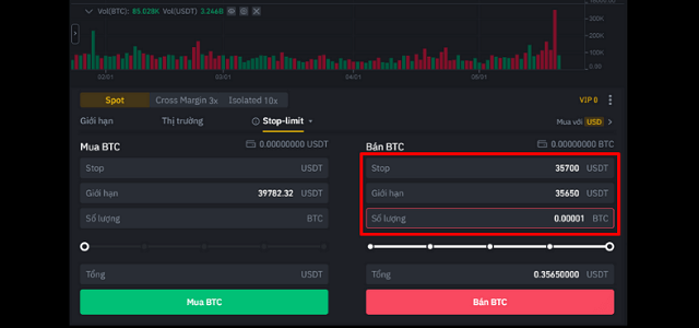 Điền thông tin của lệnh Stop Limit trên sàn giao dịch Binance