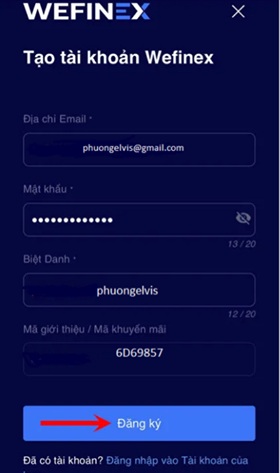 Điền đầy đủ thông tin đăng ký trên sàn Wefinex
