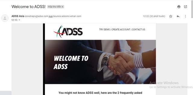 Vào email xác nhận thư việc đăng ký tài khoản tại ADSS