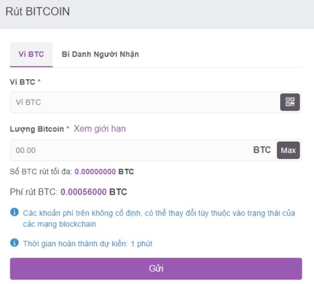 Giao diện rút Bitcoin tại sàn Remitano