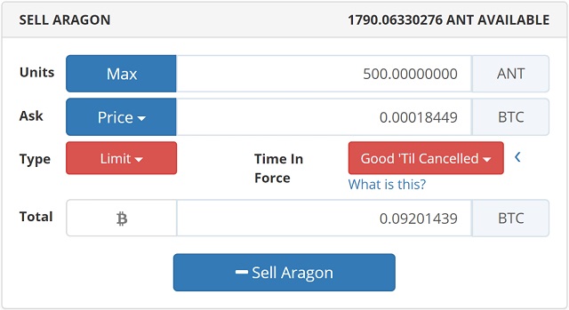 Hướng dẫn trade coin trên sàn Bittrex - Minh họa lệnh bán coin với đồng Aragon