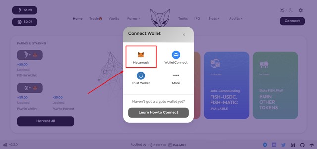 Lựa chọn ví Metamask để tiếp tục kết nối