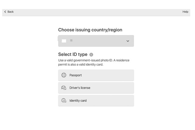 Lựa chọn vùng miền và loại giấy tờ tùy thân để tiến hành xác thực