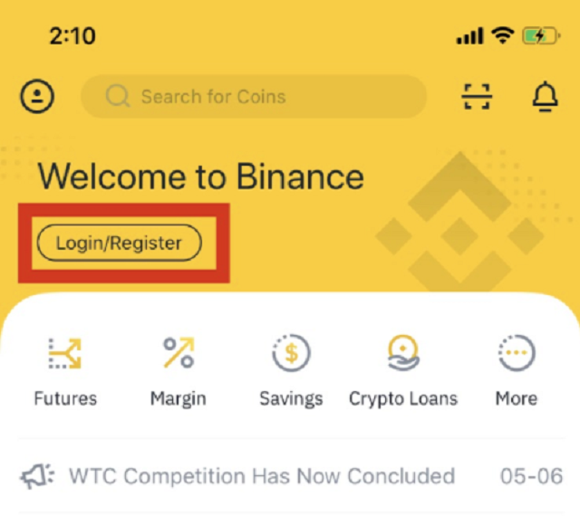 Mở ứng dụng Binance có giao diện như trên.