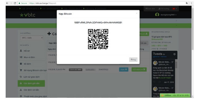 Nạp Bitcoin vào ví do sàn VBTC cung cấp 