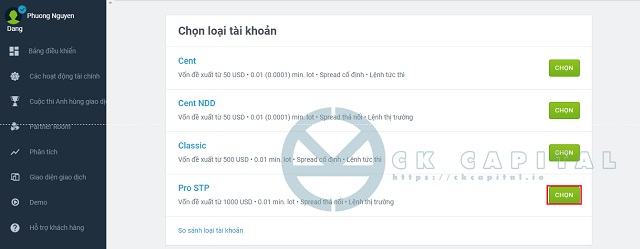 Chọn tương ứng với tài khoản Pro STP