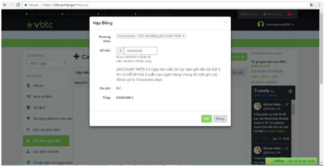 Nhập chính xác số tiền cần nạp vào sàn VBTC 