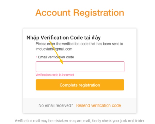 Nhập mã xác nhận đã được gửi ở email vào ô trống