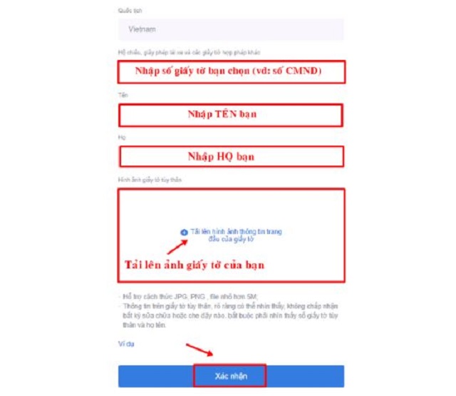 Nhập thông tin cá nhân và tải hình ảnh giấy tờ tùy thân lên hệ thống