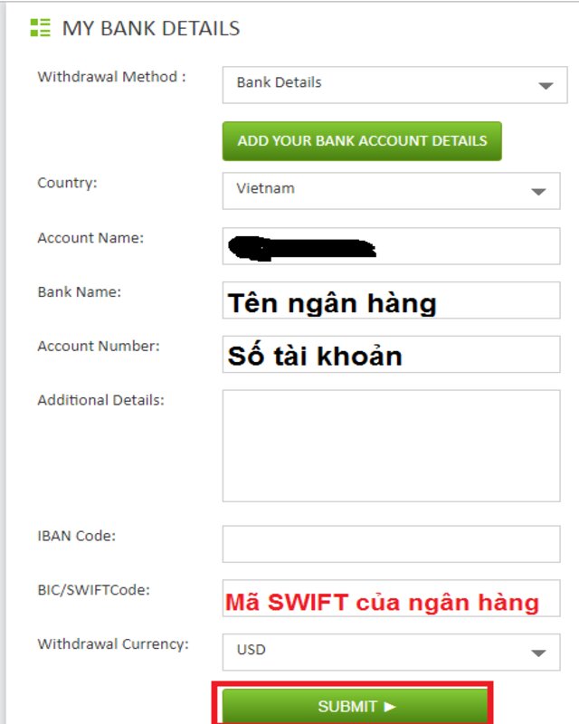 Chọn Submit để hoàn tất quá trình điền thông tin rút tiền qua Wire Transfer