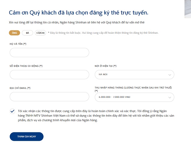 Thông tin theo yêu cầu vào form đăng ký mở thẻ tín dụng Shinhan Bank