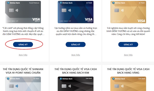 Tiến hành lựa chọn sản phẩm thẻ tín dụng phù hợp và bấm chọn "Đăng ký"