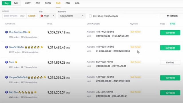 Tiến hành mua BNB trên sàn Binance bằng phương thức P2P Trading