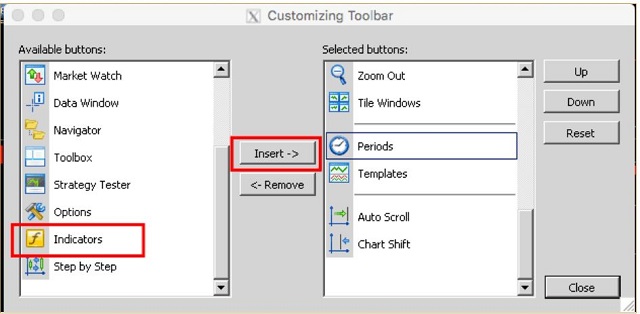 Lựa chọn button Indicators, Periods, Templates