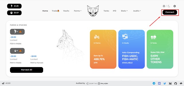 Truy cập vào trang web và chọn vào mục “Connect” để kết nối với ví Metamask